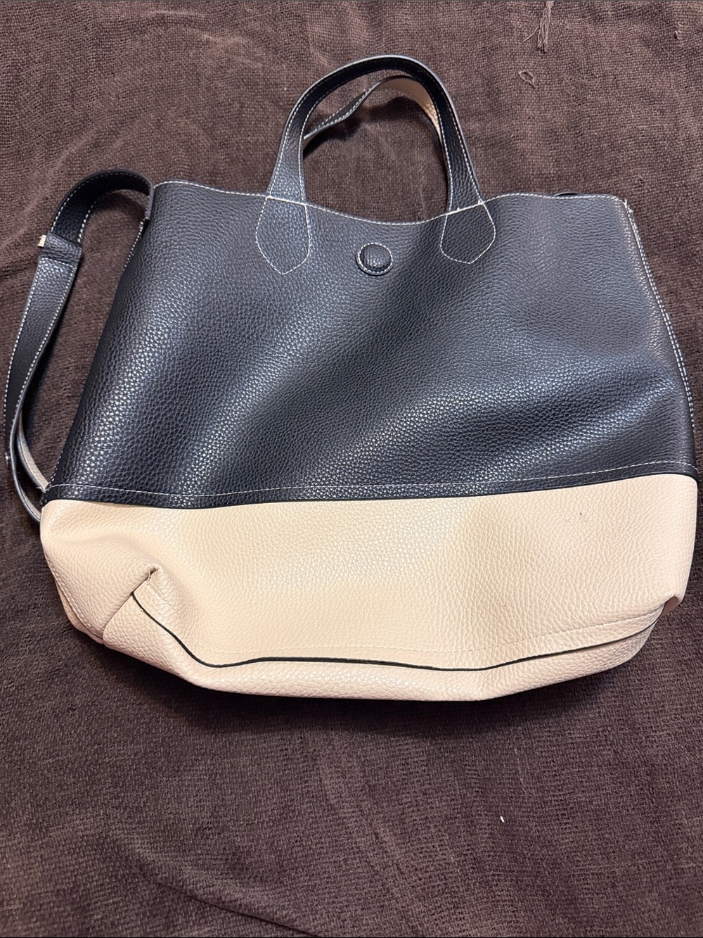 Two-Tone Black and Cream Faux Leather Tote Bag